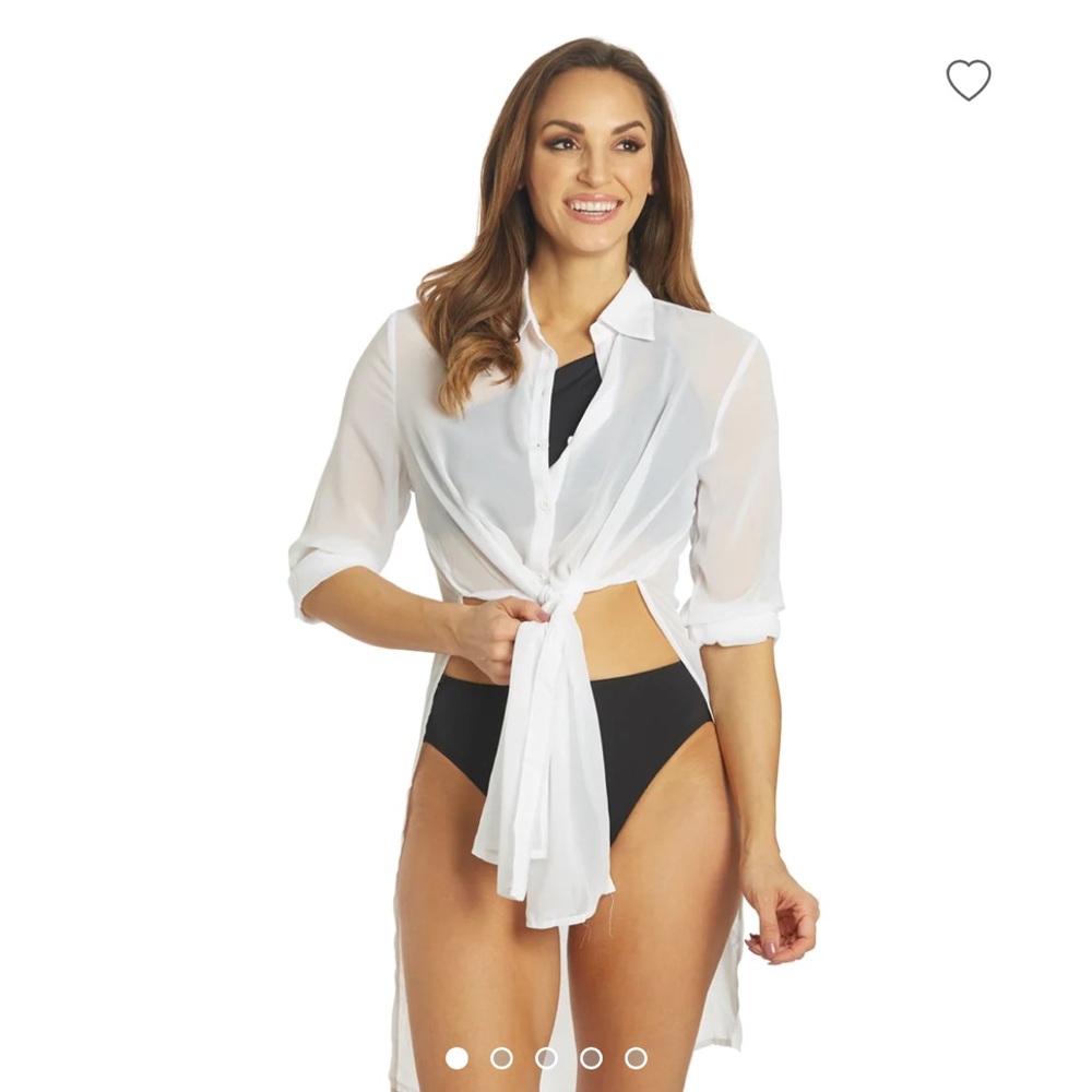 Carmen Marc Valvo Swim Solids White Midi Shirt Cover Up w/ Tie Shirt Dress - M